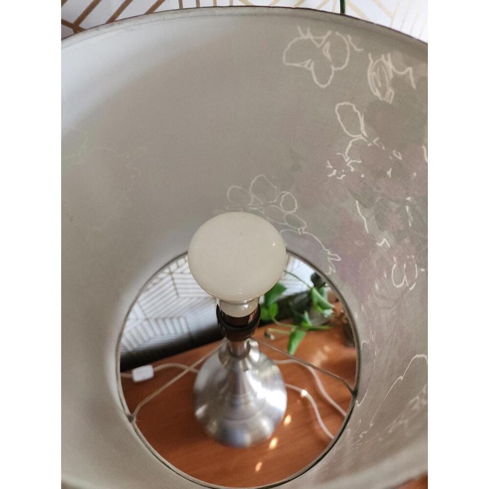 Vintage Early 2000s Brushed Chrome Lamps With Black And Purple Floral Shades - Picture 8 of 11